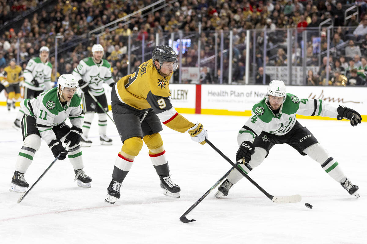 Golden Knights center Jack Eichel (9) during the third period of the NHL hockey game against th ...