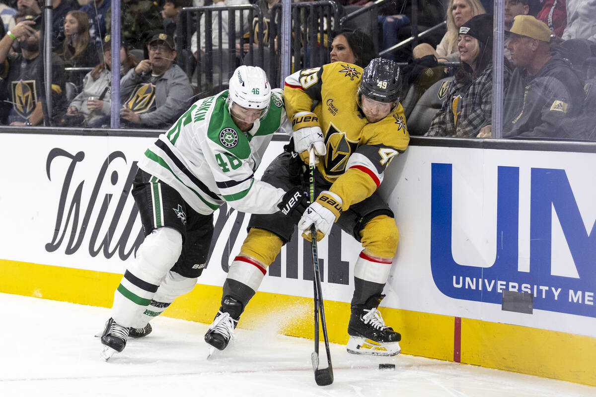 Dallas Stars defenseman Ilya Lyubushkin (46) and Golden Knights center Ivan Barbashev (49) comp ...