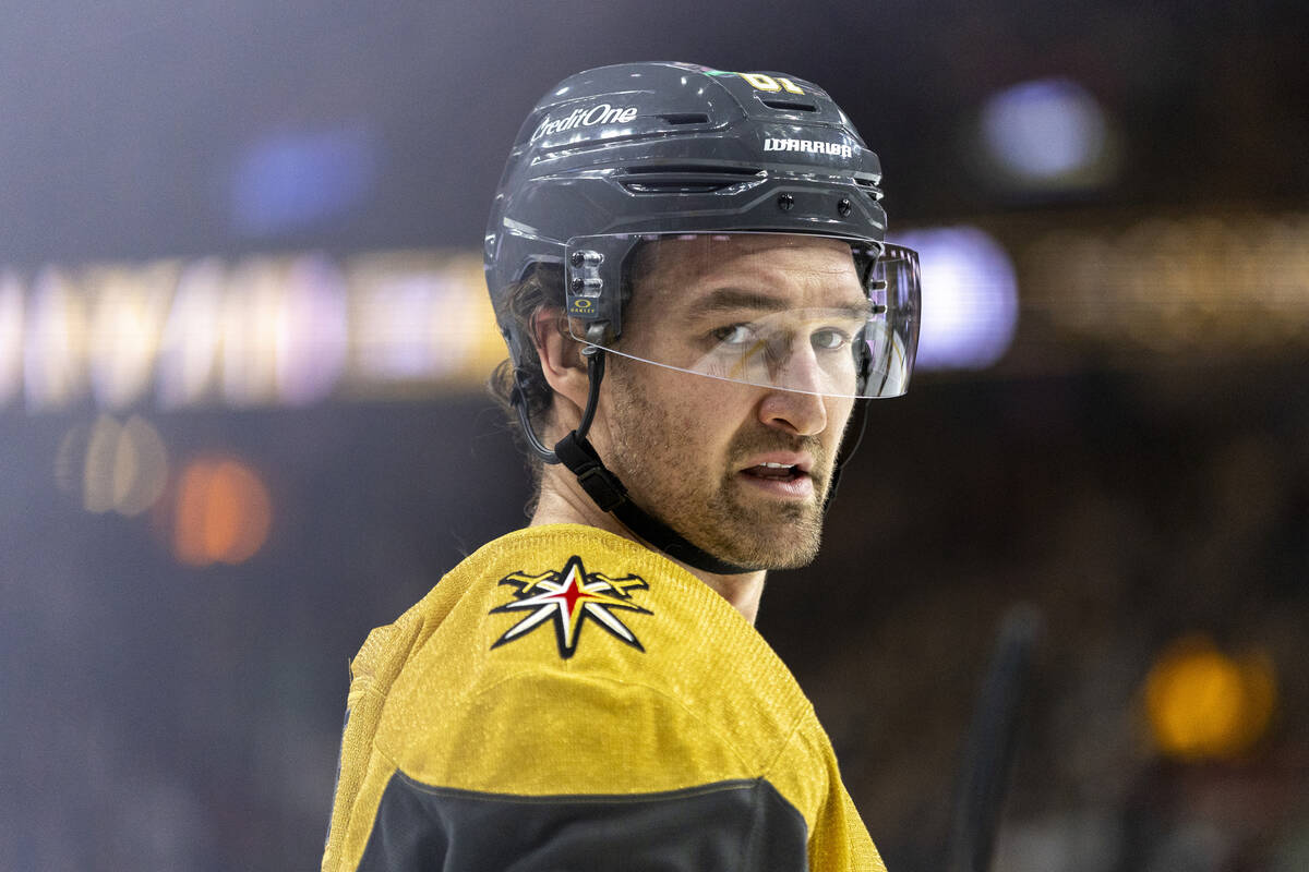 Golden Knights right wing Mark Stone (61) prepares for a face-off during the first period of th ...