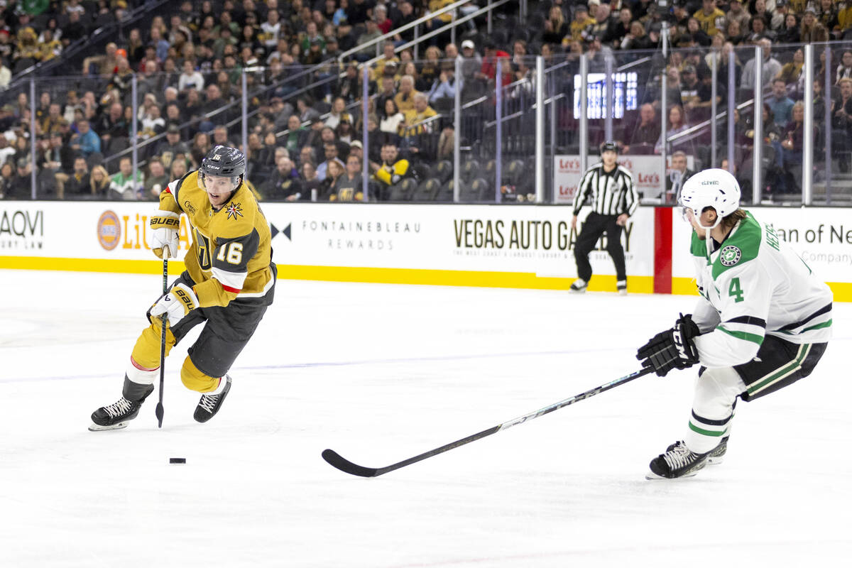 Golden Knights left wing Pavel Dorofeyev (16) controls the puck during the first period of the ...