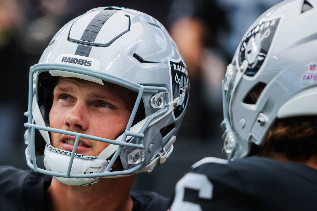 Raiders place kicker Daniel Carlson is seen before taking the field for an NFL football game be ...