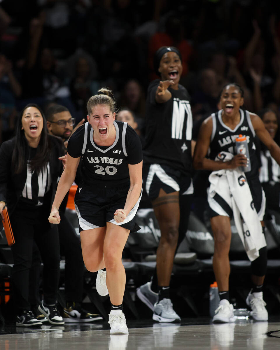 Las Vegas Aces guard Kate Martin (20) celebrates after scoring a three-point basket during the ...