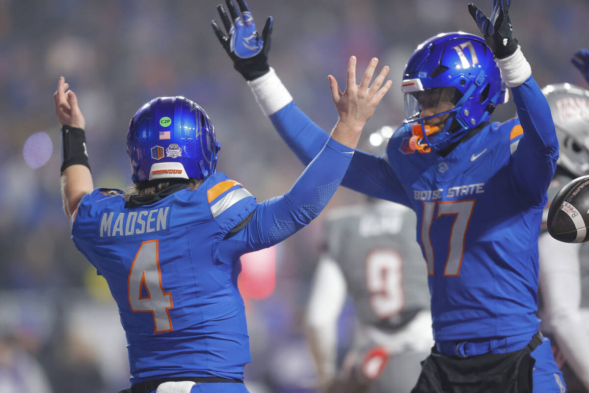 Boise State quarterback Maddux Madsen (4) celebrates after a touchdown run against UNLV with wi ...