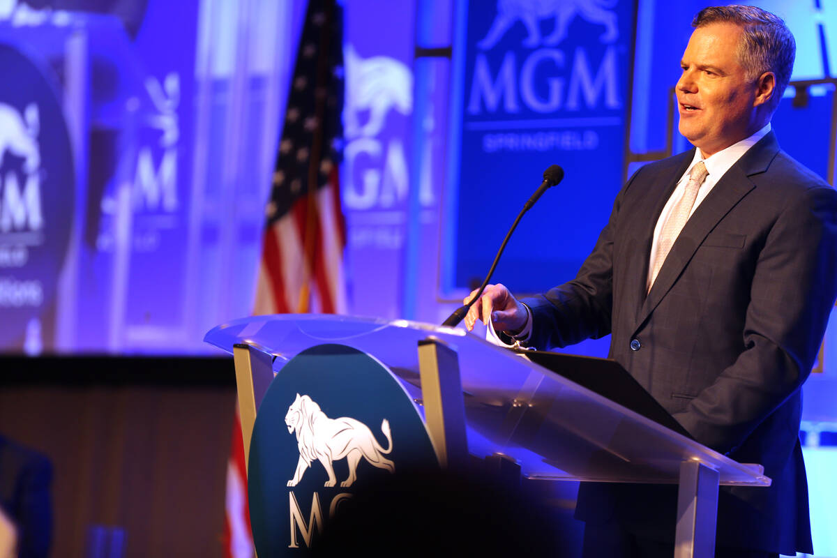 FILE - Jim Murren speaks during media day for the MGM Springfield $960 million casino in Massac ...