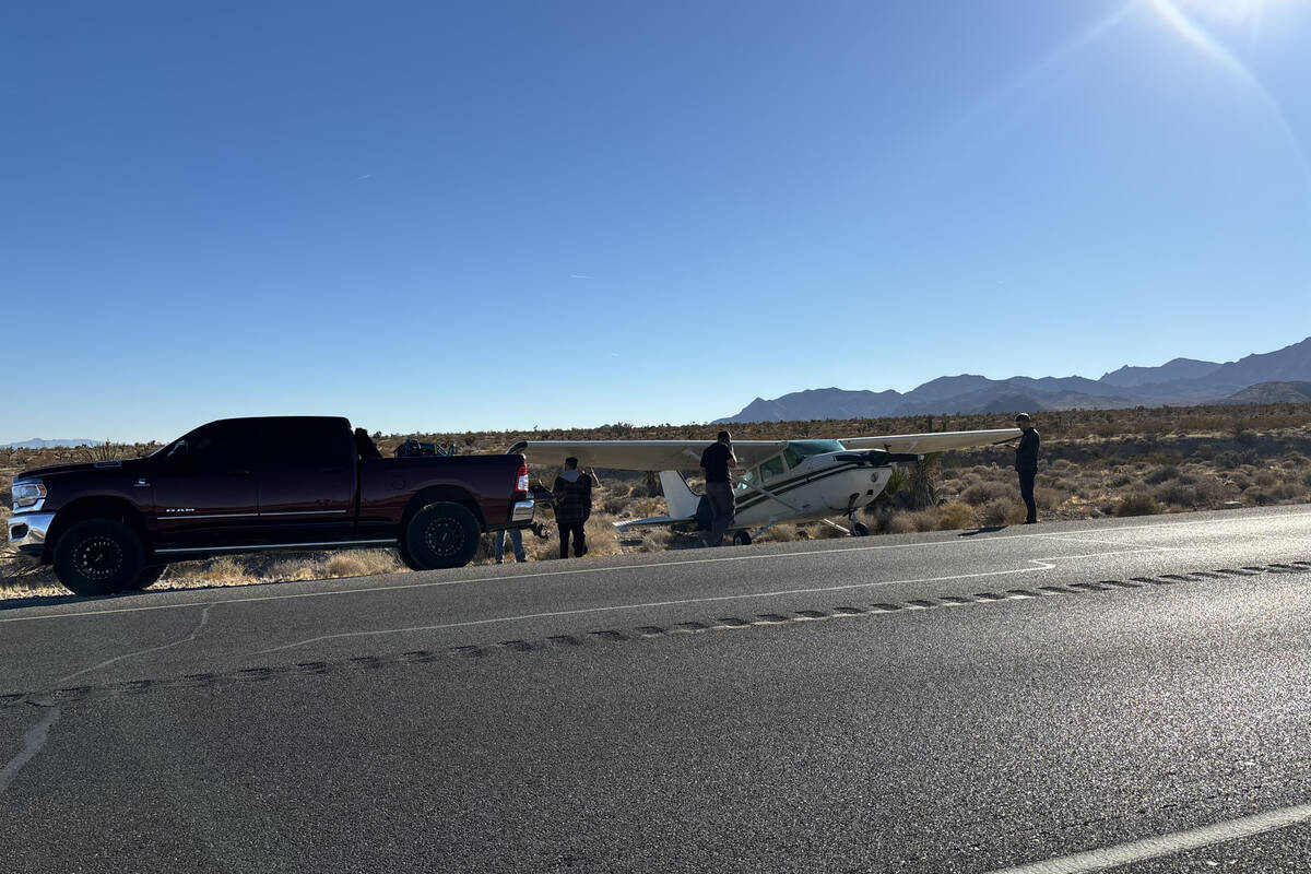 A small plane landed on Kyle Canyon Road on Saturday, Dec. 7, 2024. (DJ Jacobi/Las Vegas Review ...