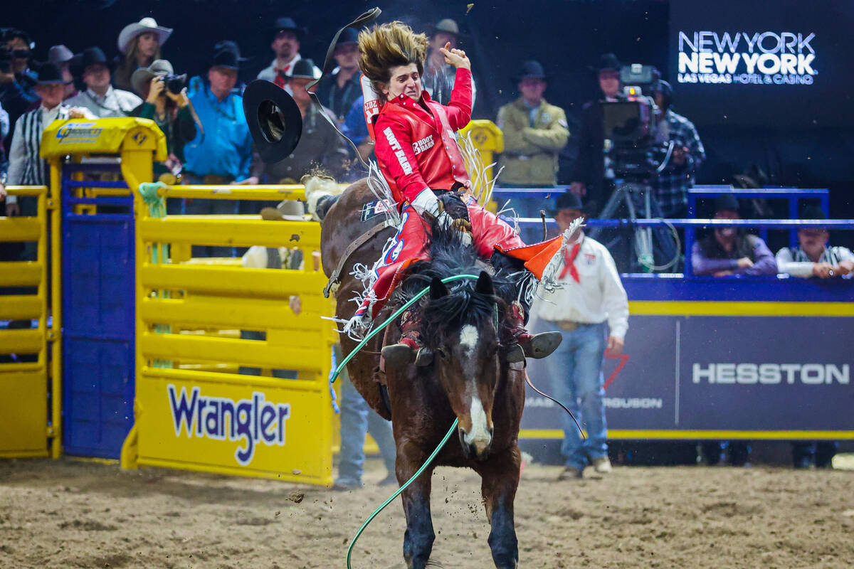 Bareback rider Rocker Steiner rides Broken Arrow during round three of the National Finals Rode ...