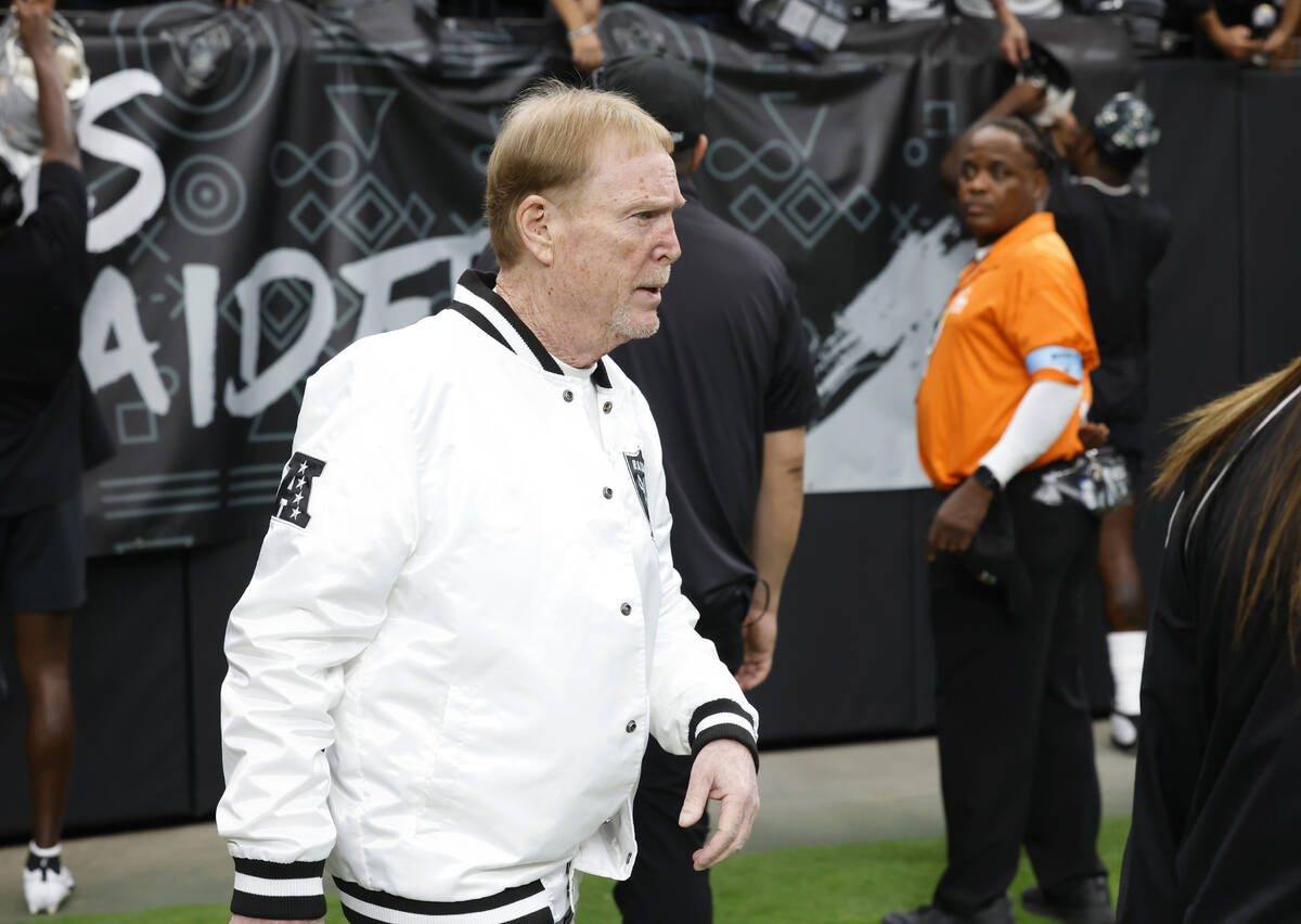 Raiders owner Mark Davis arrives before an NFL game against the Cleveland Browns at Allegiant S ...