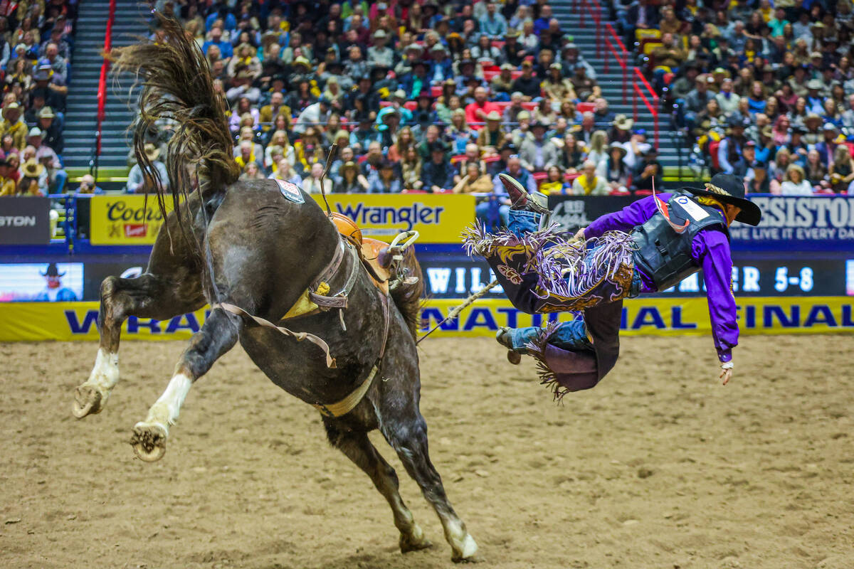 Saddle bronc rider Logan Hay falls off of Freedom Express during round four of the National Fin ...