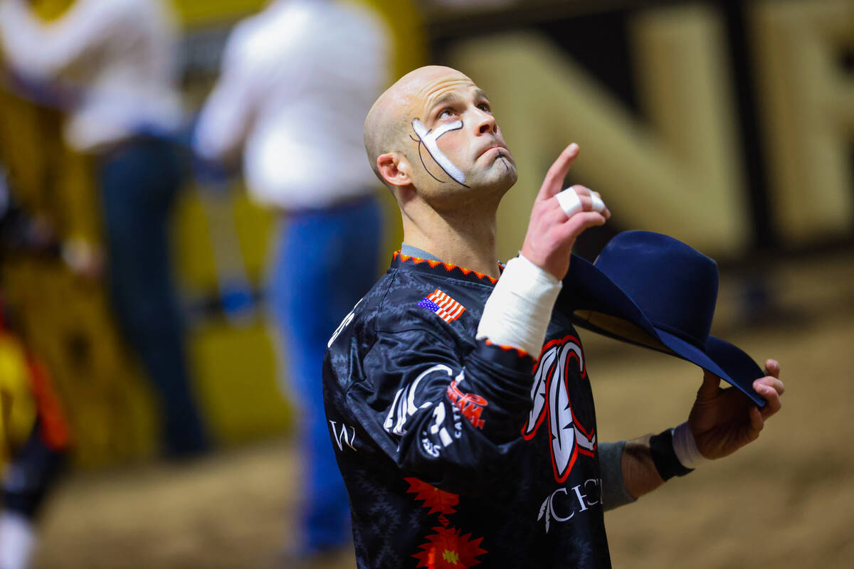 Famed bull fighter Dusty Tackiness is introduced to the arena during round four of the National ...