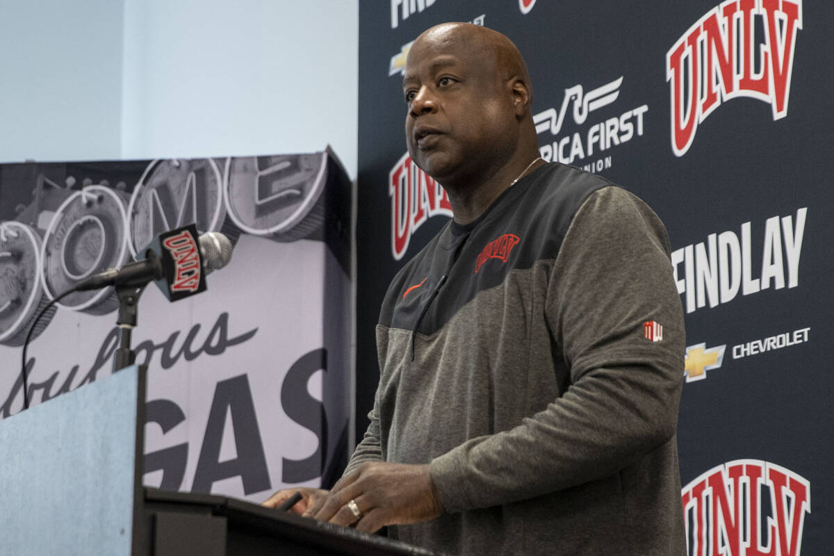 UNLV athletic director Erick Harper speaks on the departure of football coach Barry Odom during ...