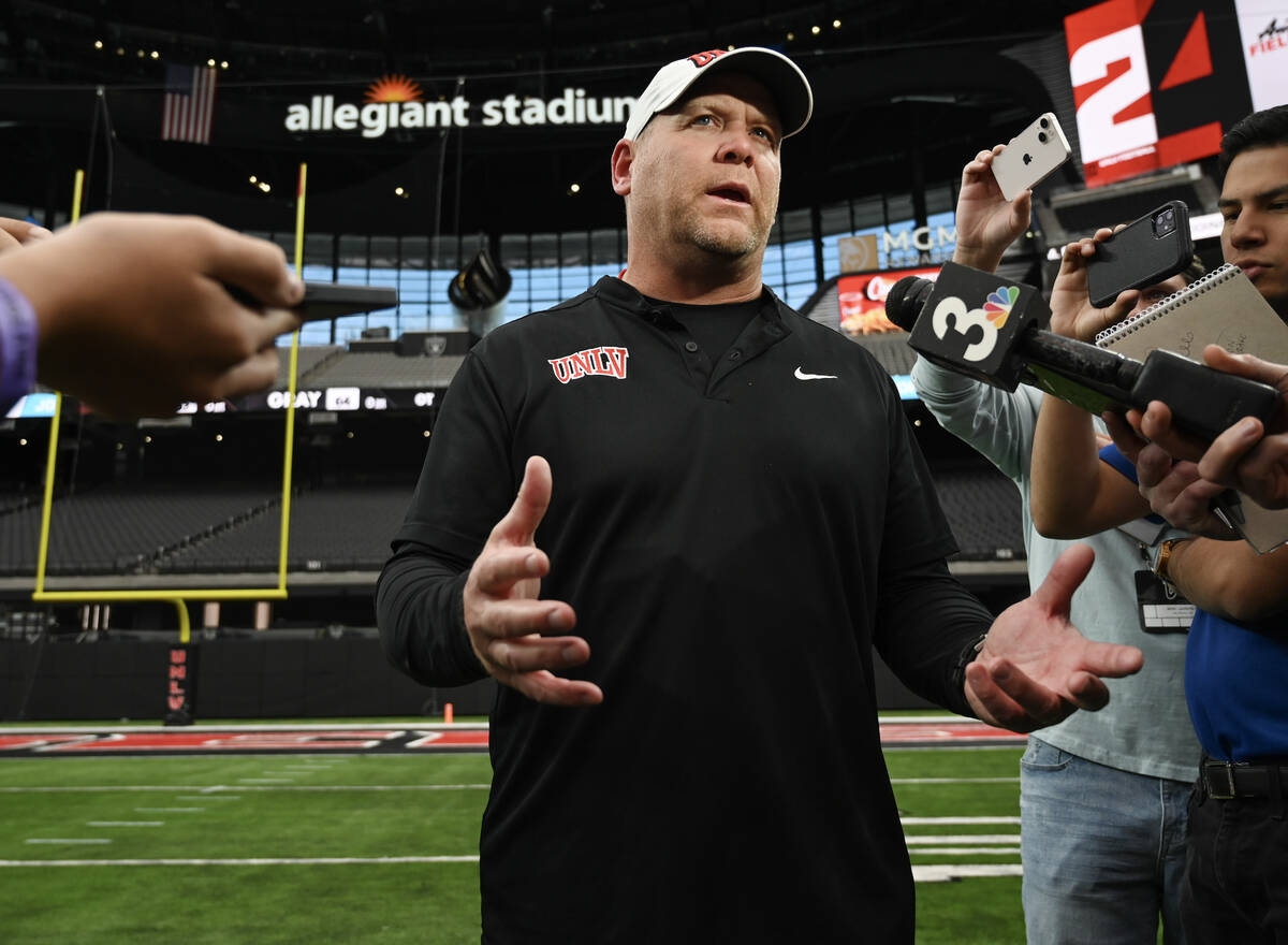 UNLV head coach Barry Odom talks to the media during UNLV football’s Spring Showcase scr ...