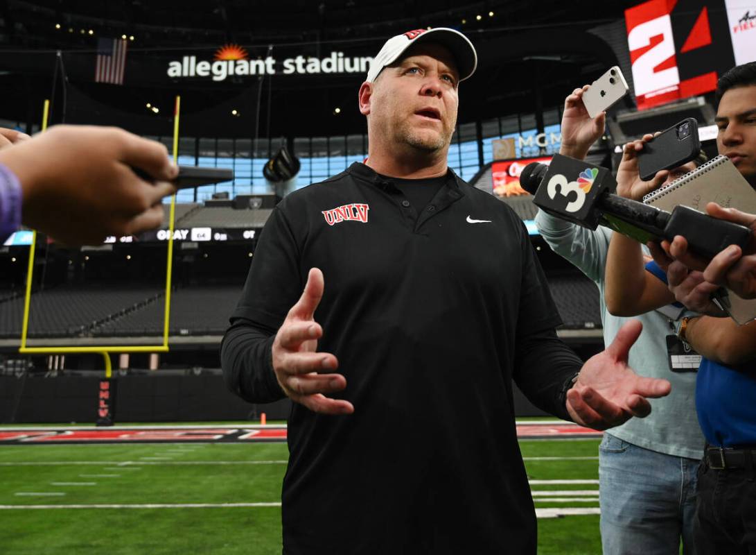 UNLV head coach Barry Odom talks to the media during UNLV football’s Spring Showcase scr ...