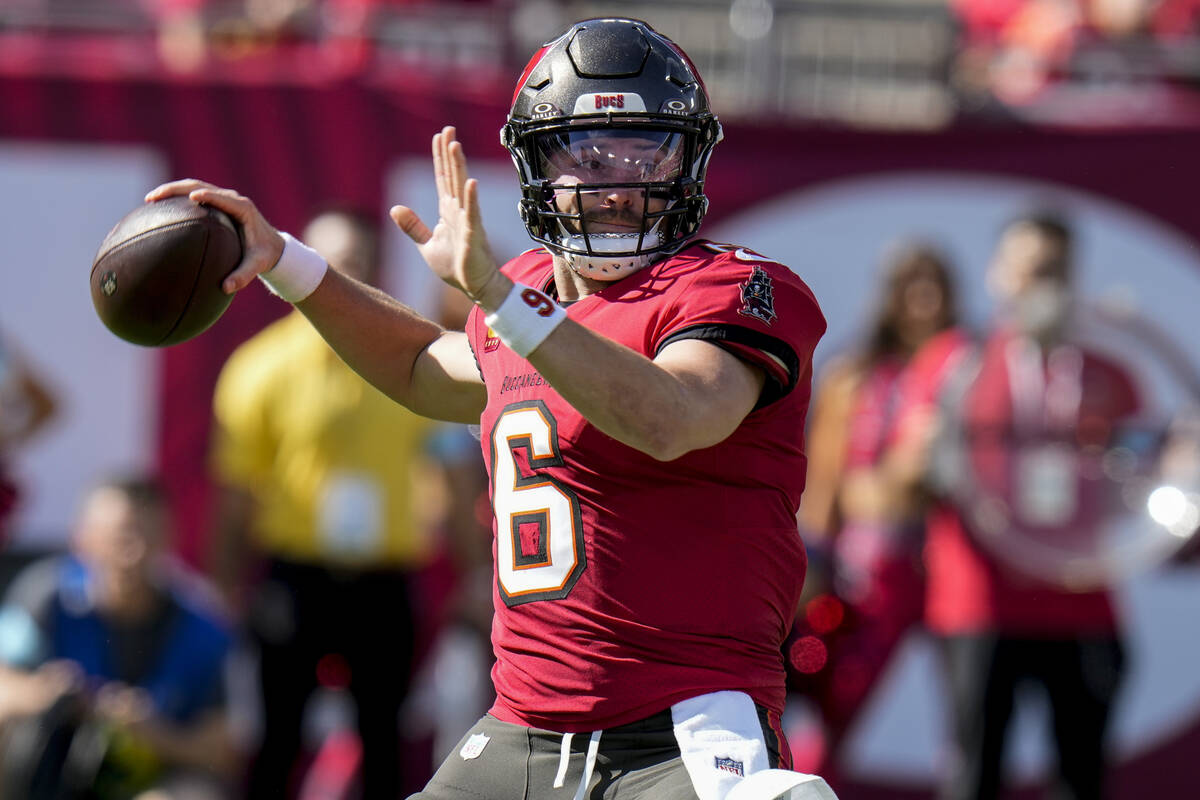 Tampa Bay Buccaneers quarterback Baker Mayfield (6) passes in the pocket against the Las Vegas ...