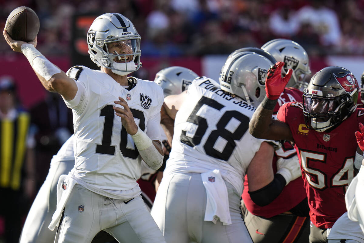 Las Vegas Raiders quarterback Desmond Ridder (10) pases in the pocket against the Tampa Bay Buc ...