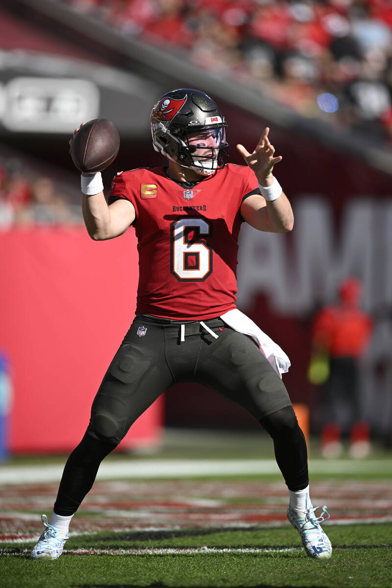 Tampa Bay Buccaneers quarterback Baker Mayfield (6) throws a pass against the Las Vegas Raiders ...