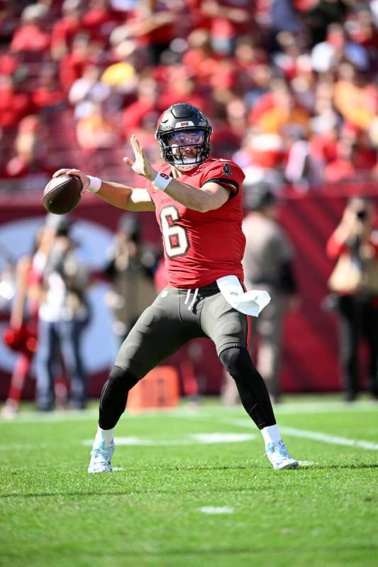 Tampa Bay Buccaneers quarterback Baker Mayfield (6) throws a pass against the Las Vegas Raiders ...