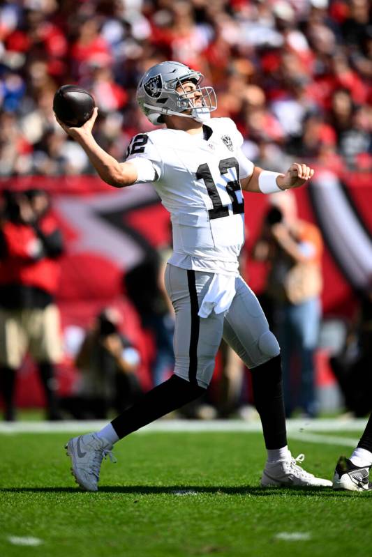 Las Vegas Raiders quarterback Aidan O'Connell (12) throws a pass against the Tampa Bay Buccanee ...