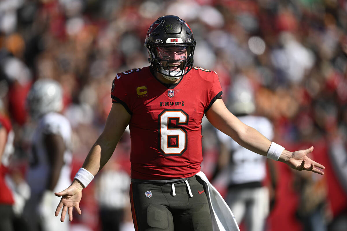 Tampa Bay Buccaneers quarterback Baker Mayfield (6) argues for a call from an official after a ...