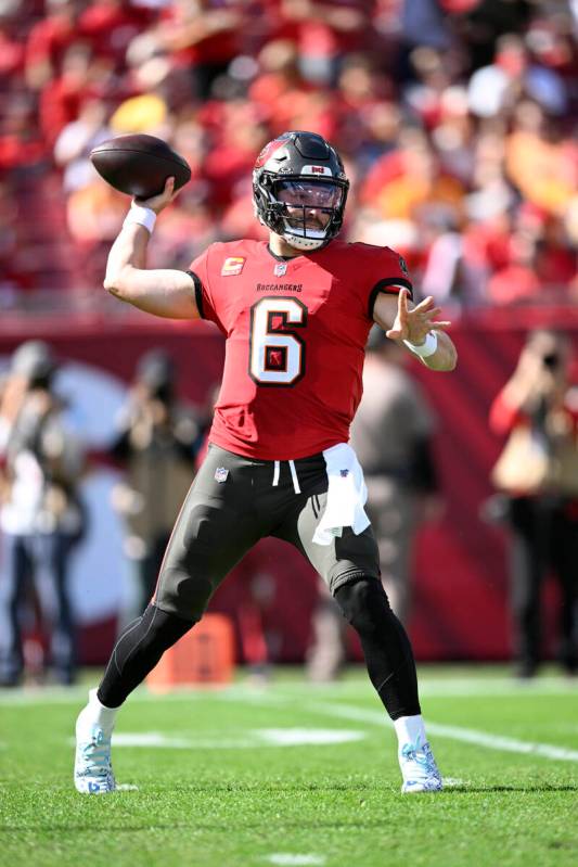 Tampa Bay Buccaneers quarterback Baker Mayfield (6) throws a pass against the Las Vegas Raiders ...