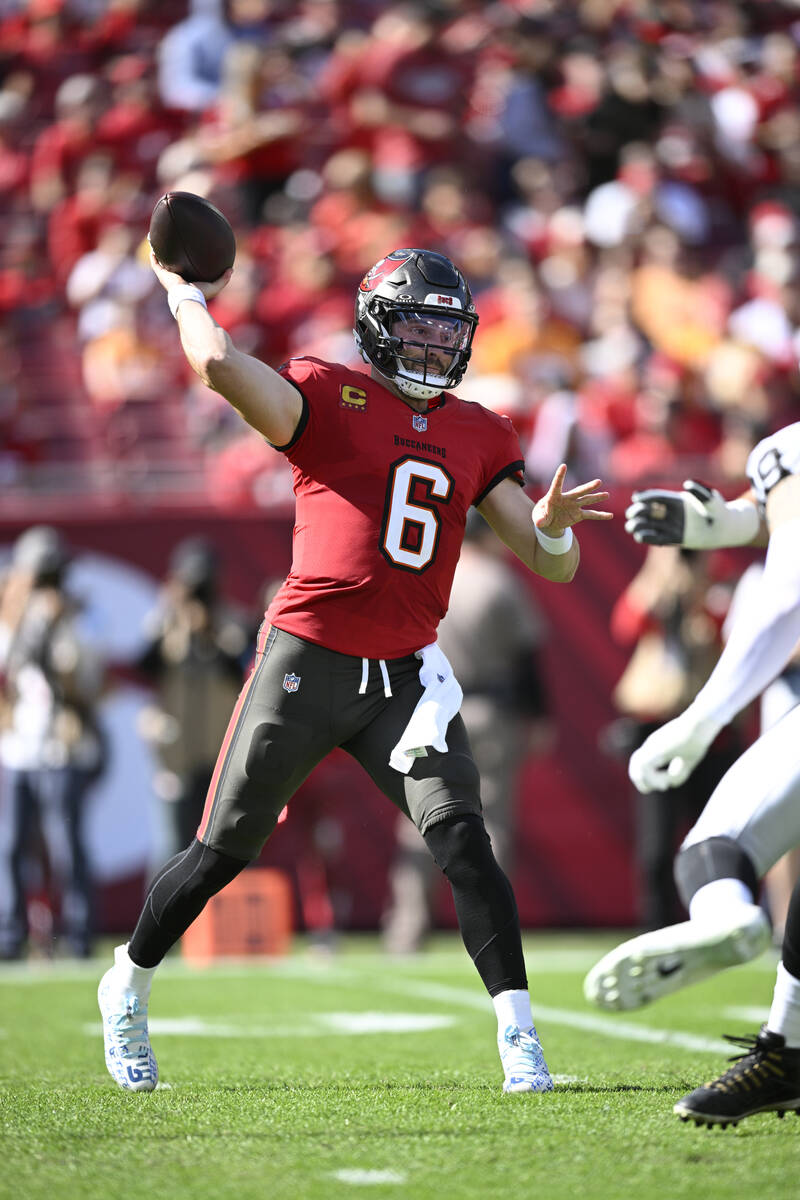 Tampa Bay Buccaneers quarterback Baker Mayfield (6) throws a pass against the Las Vegas Raiders ...