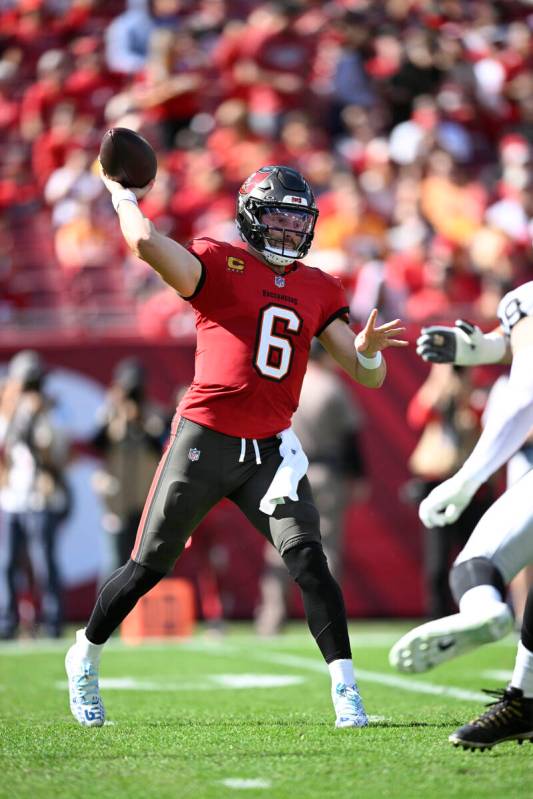 Tampa Bay Buccaneers quarterback Baker Mayfield (6) throws a pass against the Las Vegas Raiders ...