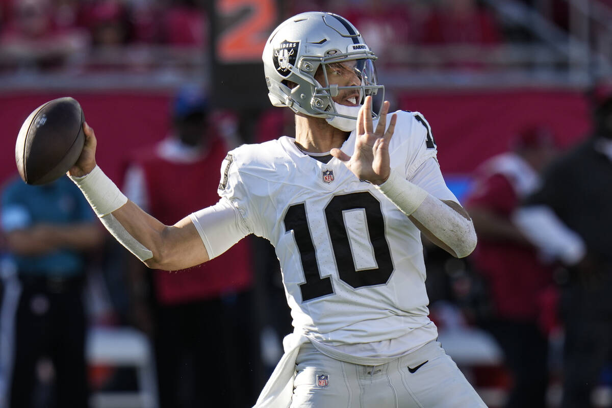 Tampa Bay Buccaneers wide receiver Trey Palmer (10) passes in the pocket against the Las Vegas ...