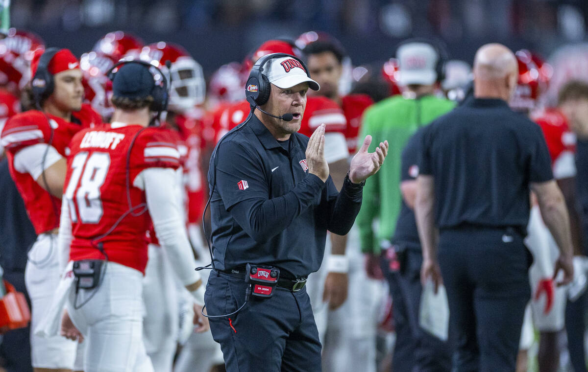 UNLV head coach Barry Odom applauded his teams effort against the Boise State Broncos during th ...