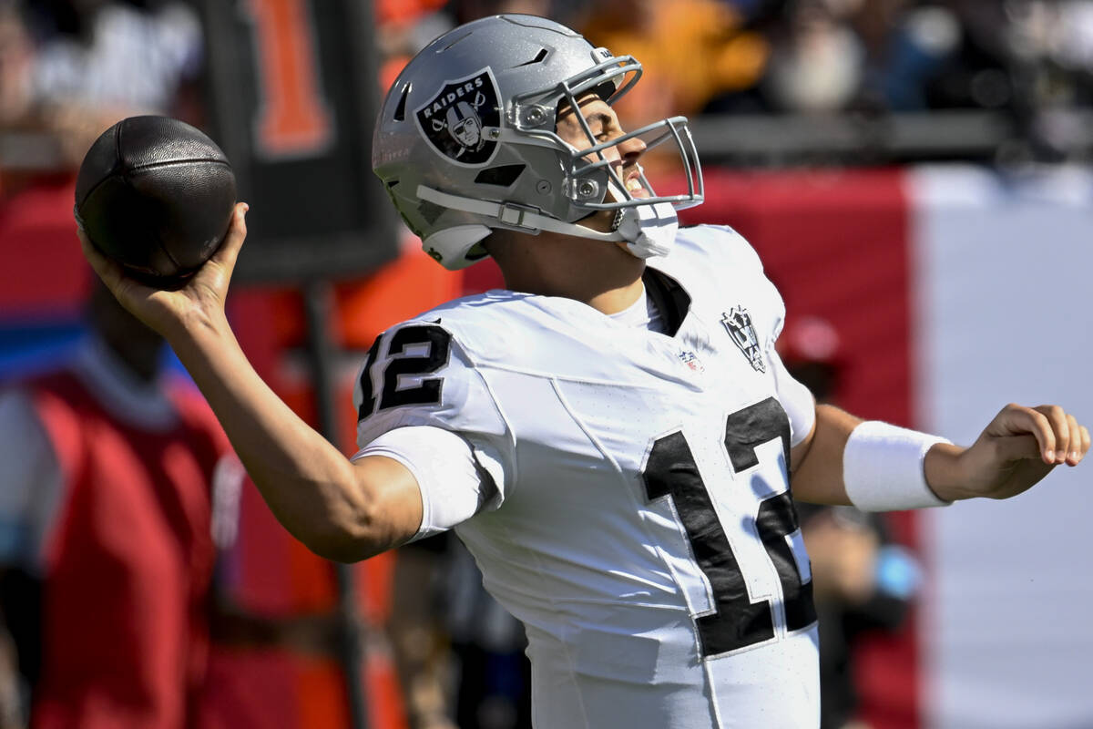 Las Vegas Raiders quarterback Aidan O'Connell (12) passes the ball against the Tampa Bay Buccan ...