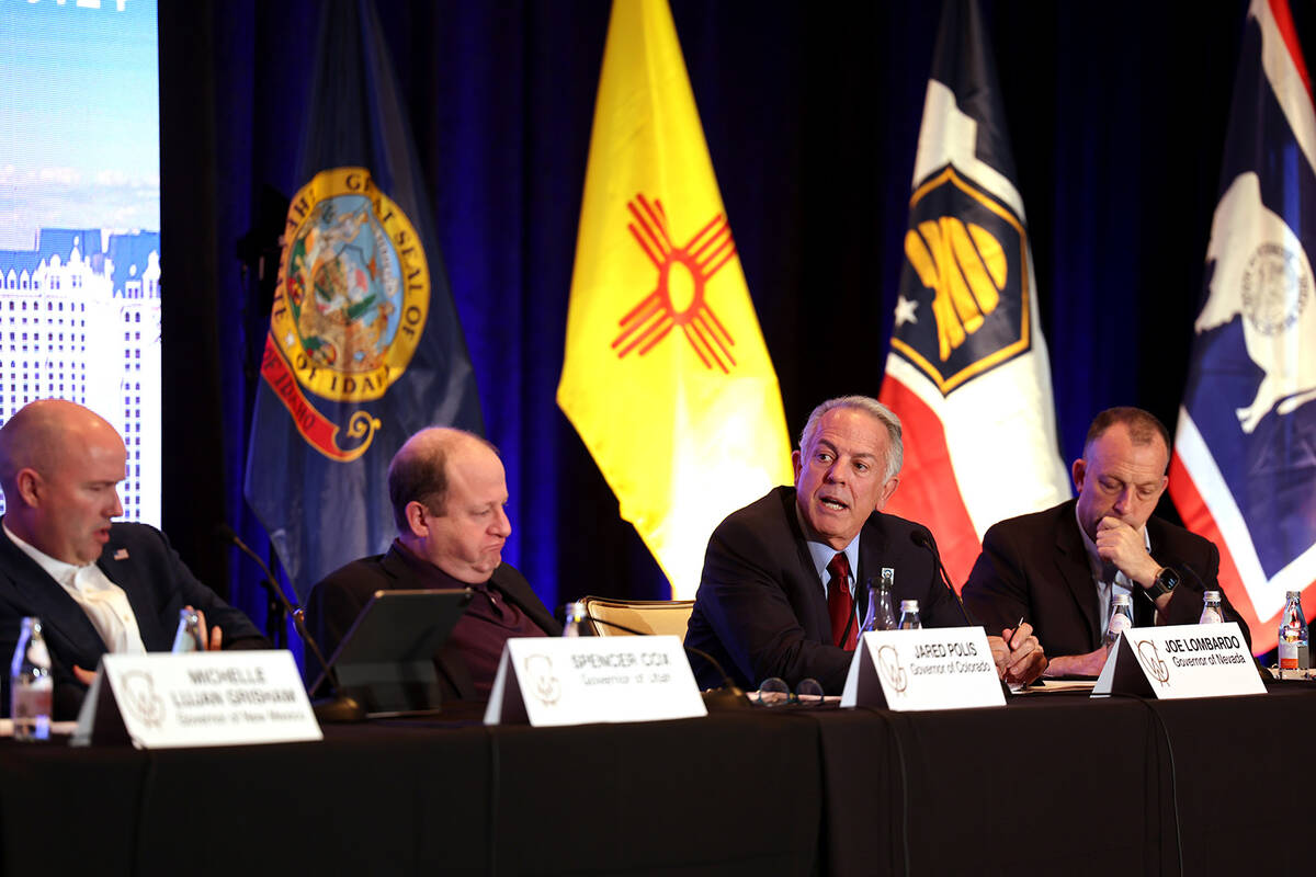 Utah Gov. Spencer Cox, from left, Colorado Gov. Jared Polis, Nevada Gov. Joe Lombardo and Hawai ...