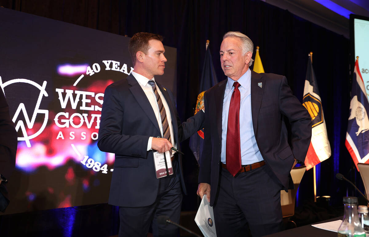 Western Governors’ Association Executive Director Jack Waldorf, left, and Nevada Gov. Jo ...