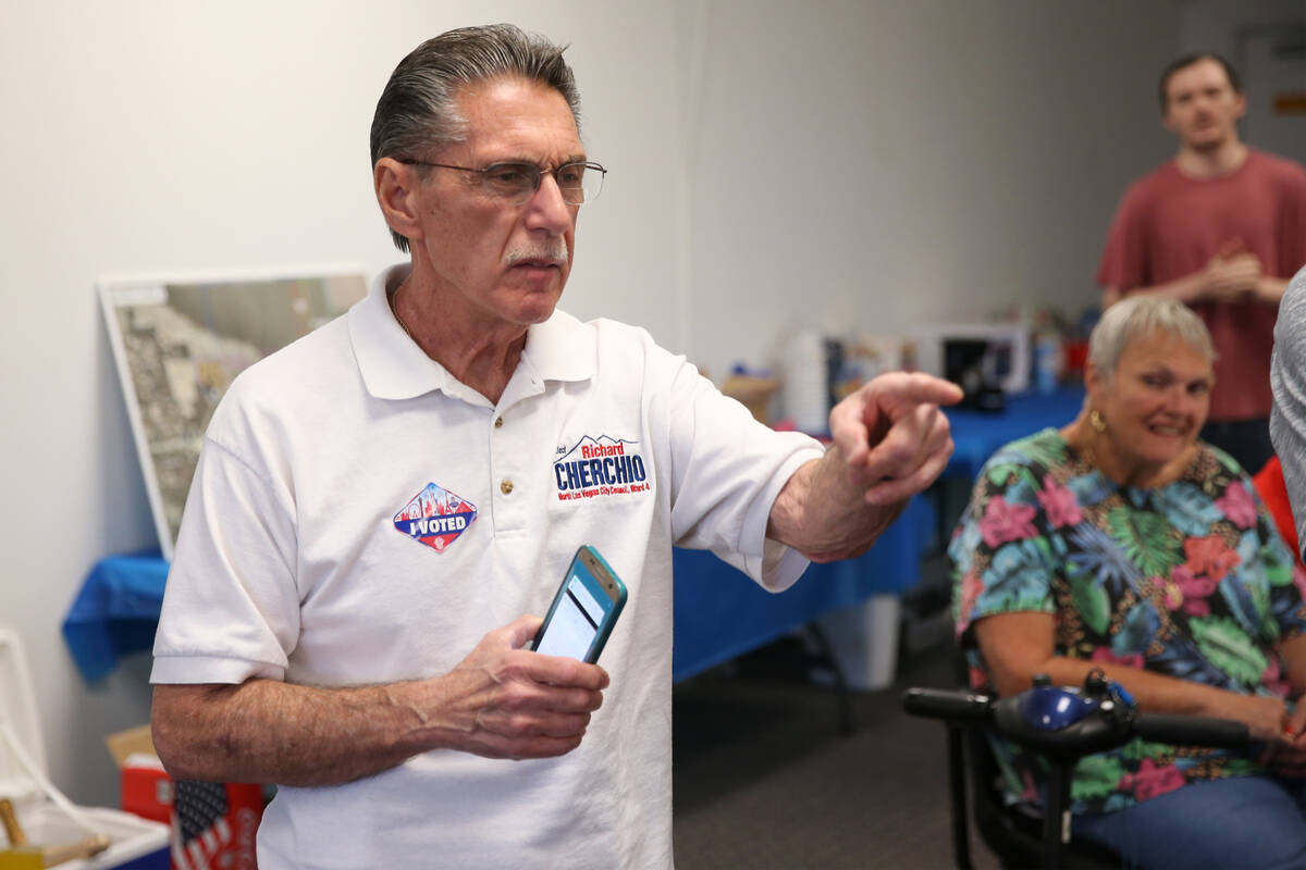 North Las Vegas Councilman Richard Cherchio looks at election results during his election party ...