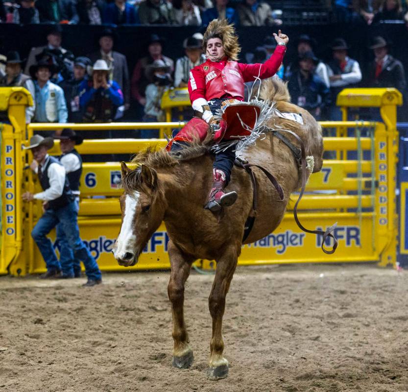 Bare Back Riding contestant Rocker Steiner rides Tator Tot to a winning score during National F ...