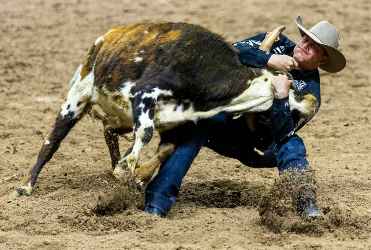 Steer wrestler Dakota Eldridge works to bring down a steer during National Finals Rodeo Day 2 a ...