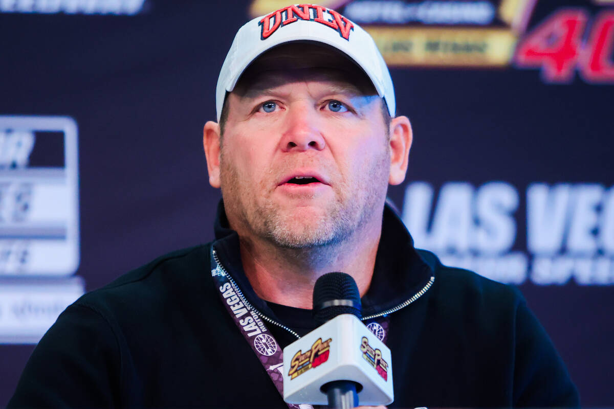 UNLV head football coach Barry Odom speaks at a press conference before acting as the grand mar ...