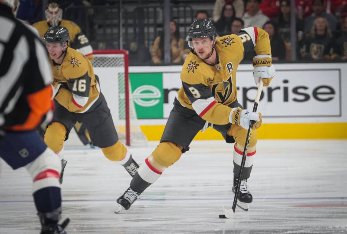 Golden Knights center Jack Eichel (9) skates with the puck during the first period of an NHL ho ...