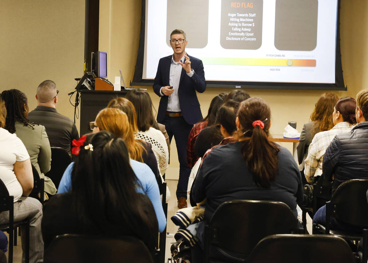 Garrett Farnes, director of responsible gaming at MGM Resorts, speaks during a responsible gami ...