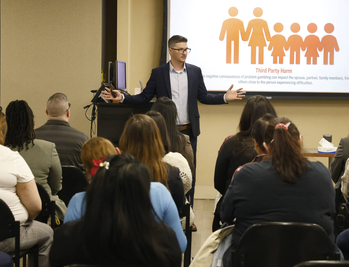 Garrett Farnes, director of responsible gaming at MGM Resorts, speaks during a responsible gami ...