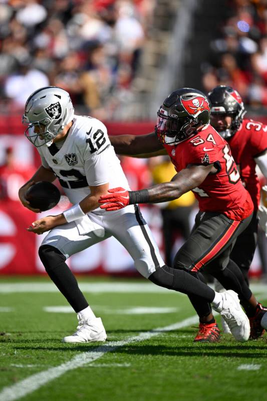 Las Vegas Raiders quarterback Aidan O'Connell (12) is sacked by Tampa Bay Buccaneers linebacker ...