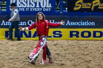 Bareback riding contestant Rocker Steiner celebrates after riding Tator Tot to a winning score ...