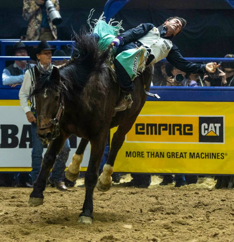 Bareback Riding contestant Bradlee Miller rides Frontier Rodeo Coffee Full Baggage during Natio ...