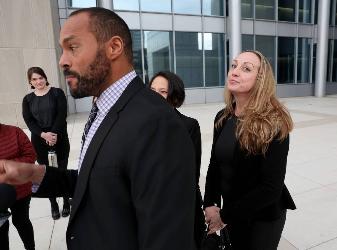 Kirstin “Blaise” Lobato reacts outside of the Lloyd George U.S. Courthouse in Las Vegas wit ...