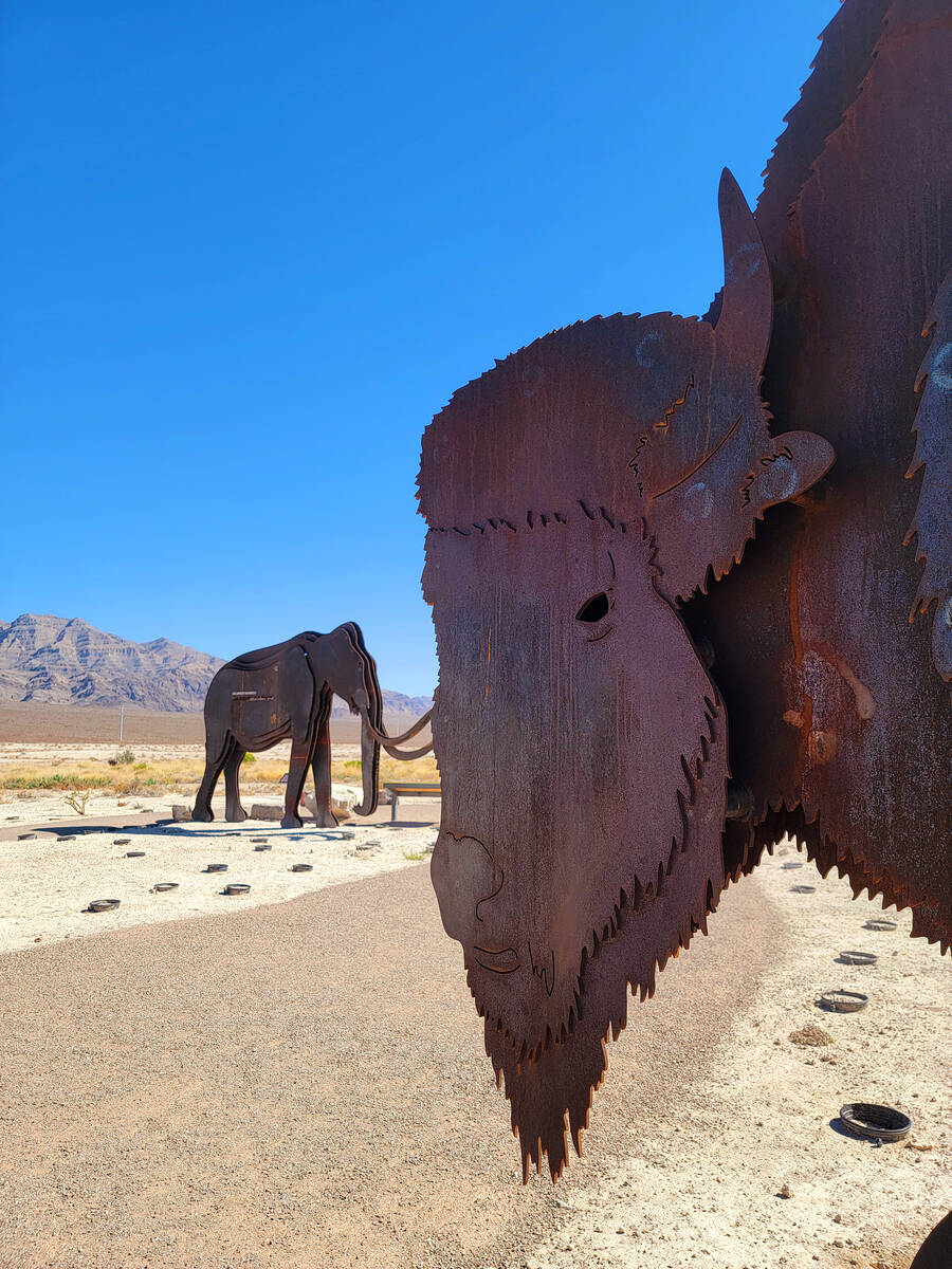 Ancient bison, like the one depicted in metal here, once roamed the lush, verdant Tule Springs, ...