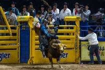 Bull riding competitor Wacey Schalla Bad Magic during National Finals Rodeo Day 2 at the Thomas ...