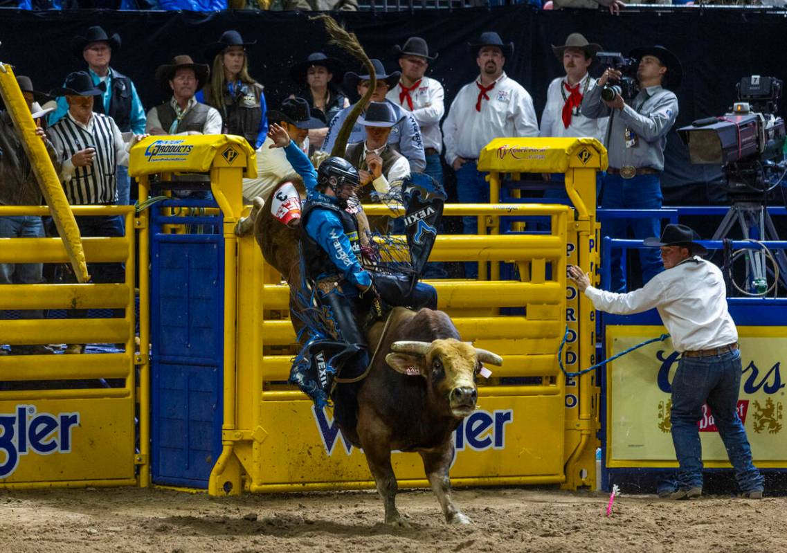 Bull riding competitor Wacey Schalla Bad Magic during National Finals Rodeo Day 2 at the Thomas ...