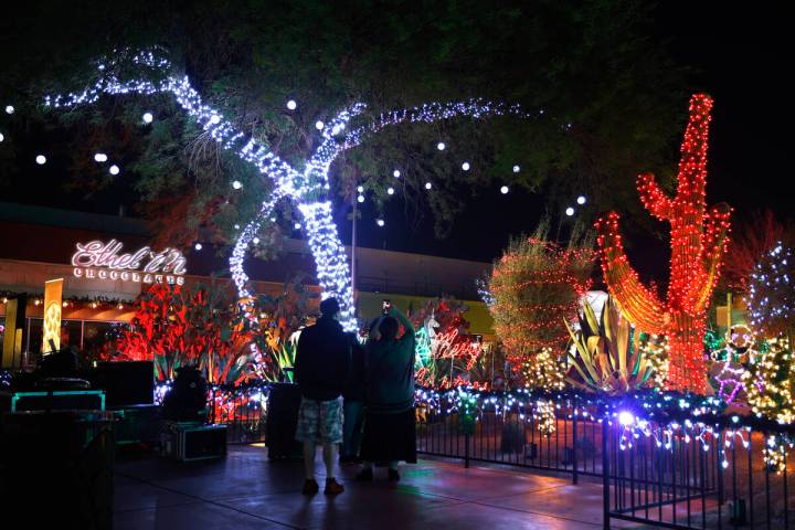 People watch holiday lights at the Ethel M Chocolates’ Cactus Garden in Henderson Friday ...