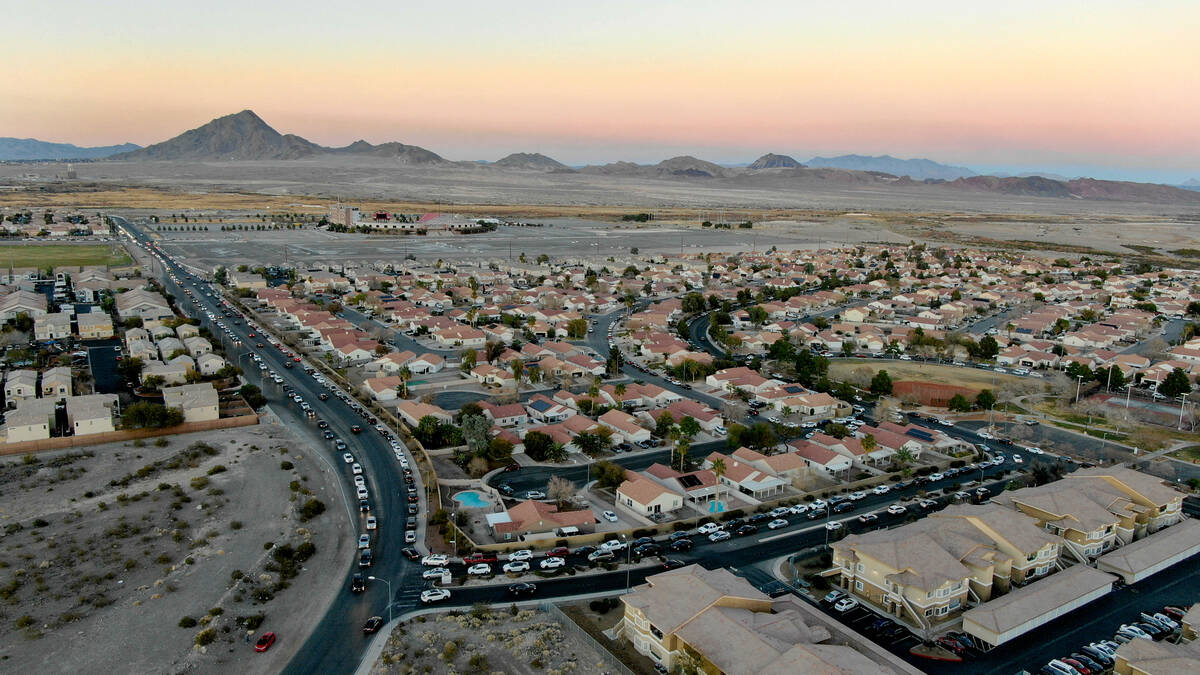 An aerial shot shows a neighborhood near Sam Boyd Stadium on Jan. 9, 2022. (Michael Quine/Las V ...