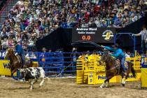 Team Roping header Andrew Ward, right, and heeler Kollin VonAhn work to rope their calf during ...