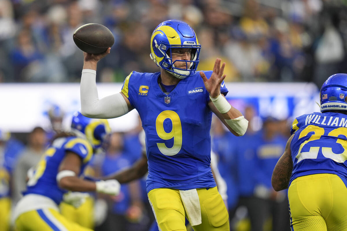 Los Angeles Rams quarterback Matthew Stafford throws a pass against the Buffalo Bills during th ...