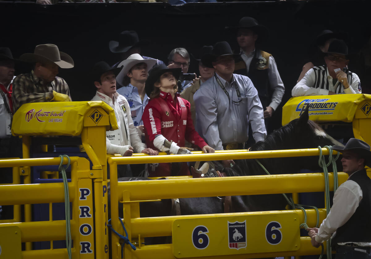 Rocker Steiner looks on before competing in bareback riding during the 8th go-round of the Nati ...