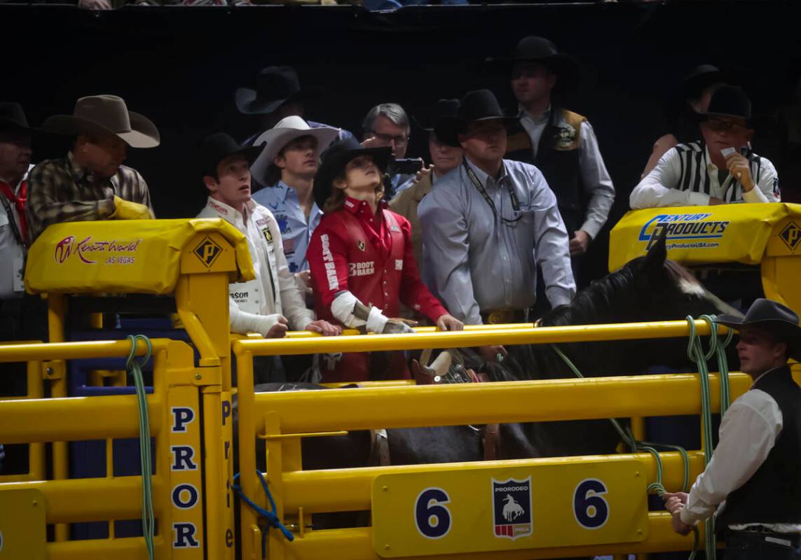 Rocker Steiner looks on before competing in bareback riding during the 8th go-round of the Nati ...